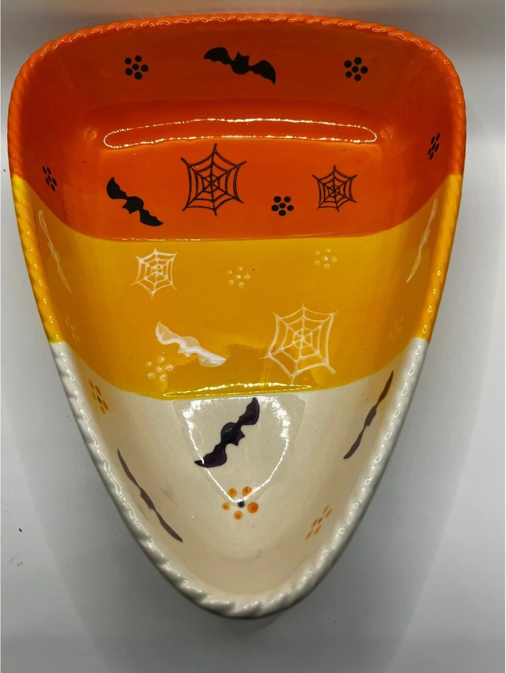 Large 11” Halloween Candy Corn Ceramic Dish Bat Spiderweb Temp-tations Tara